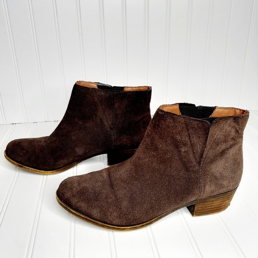 Lucky Brand Benissa Brown Suede Leather Pull On Ankle Booties C305 - Picture 3 of 15